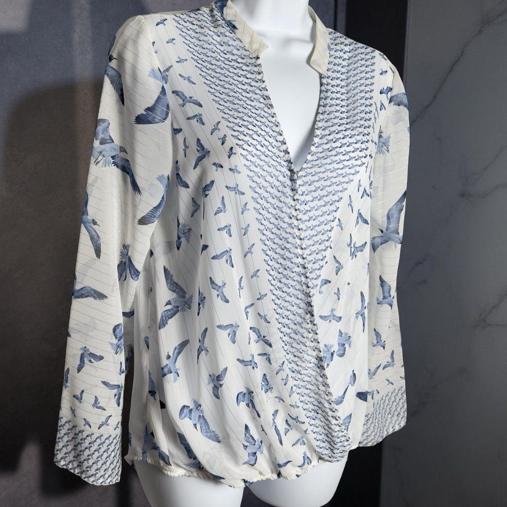Casting Made in France White Blue and White Wrap Blouse with Bird Print